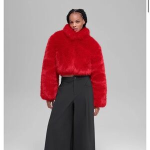 Alo Opulent Faux Fur Cropped Jacket in Bright Red